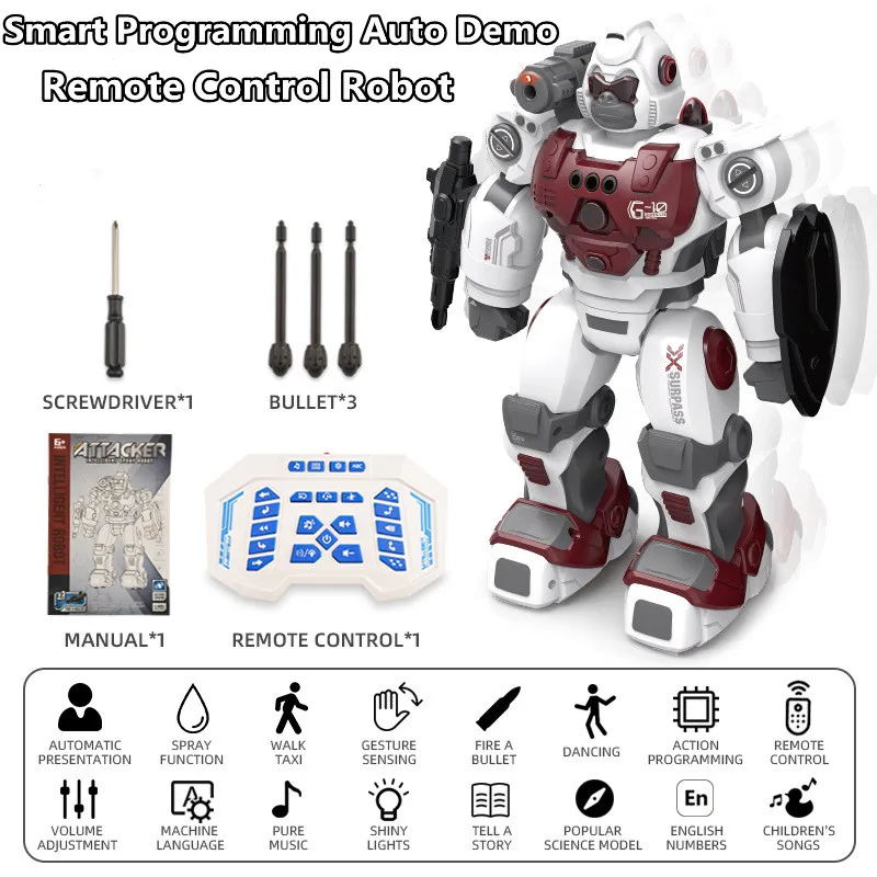 Smart Programming Radio Control Robot para Crianças, Simulação Spray, Dual Walking Mode, Iluminação Cool, Touch Sensing, Brinquedos RC, Auto Demo