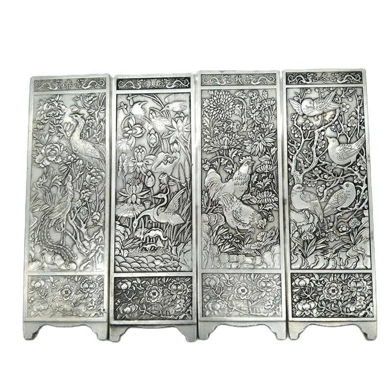 Chinese Old Tibetan Silver Relief  Spring, Summer, Autumn And Winter Flowers And Birds Pattern Screen Feng Shui Decoration