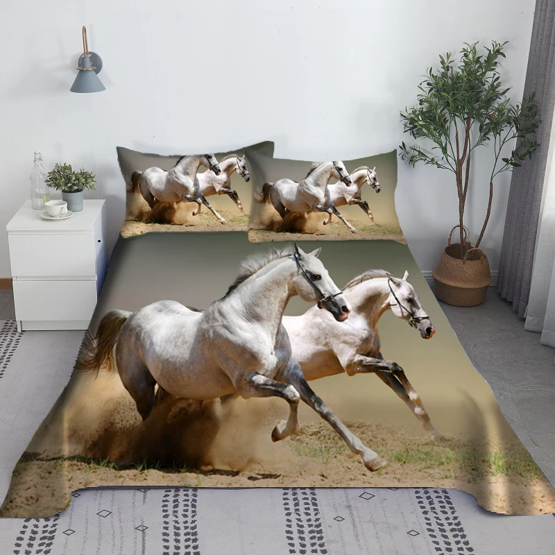 Horse Bed Sheet Set 3D Printed Animal Bed Flat Sheet With Pillow Cover 2/3pcs For Adults Kids King Size Bedding Dropshipping