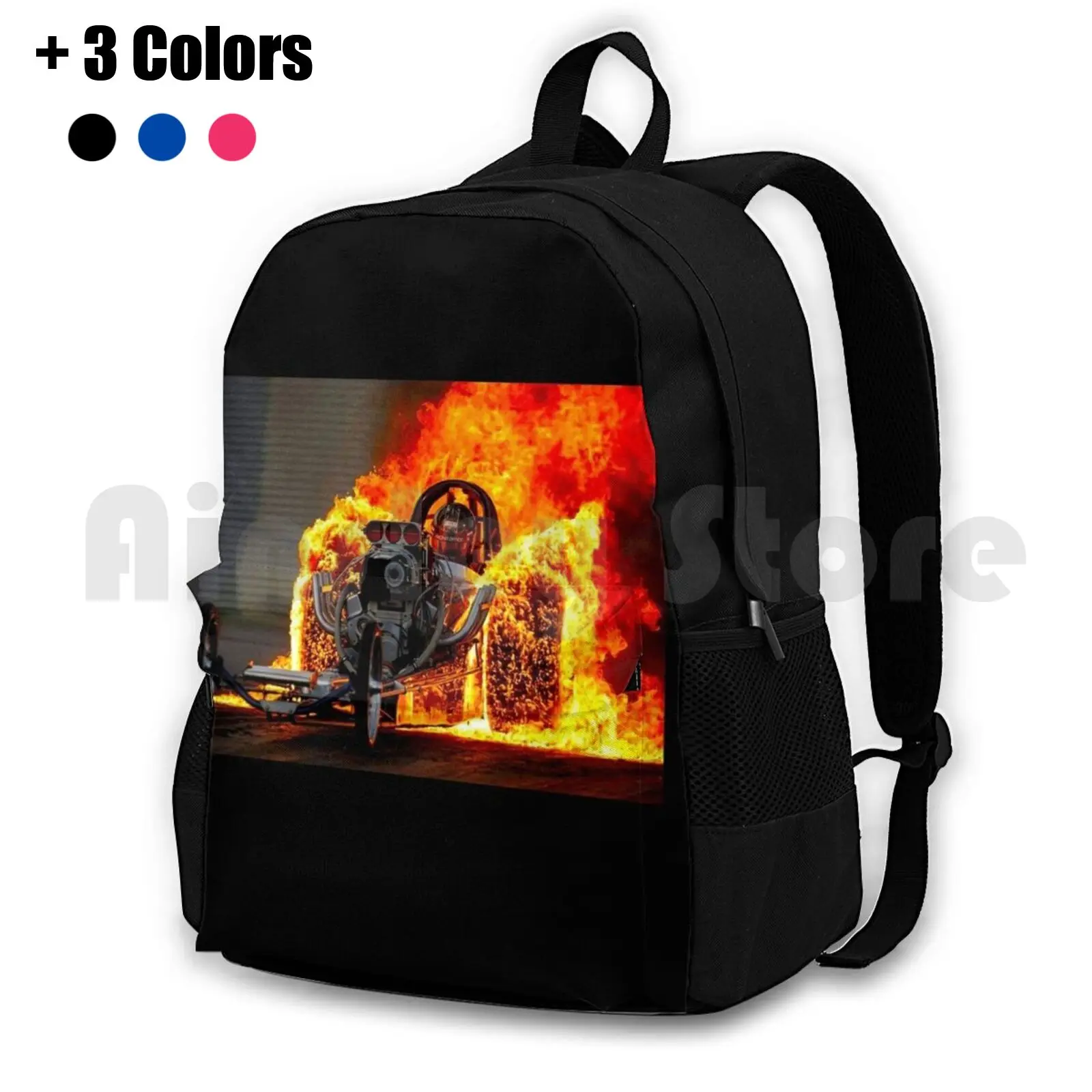 Drag Race ; Vintage Automobile Burn-Out Print Outdoor Hiking Backpack Waterproof Camping Travel Drag Race Burn Out Fire Wheels