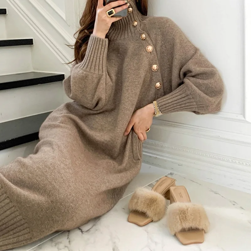 Winter Solid Knitted Sweater Dress Turtleneck Full Sleeve Elegant Midi Dress Buttons Dresses for Women Vestidos