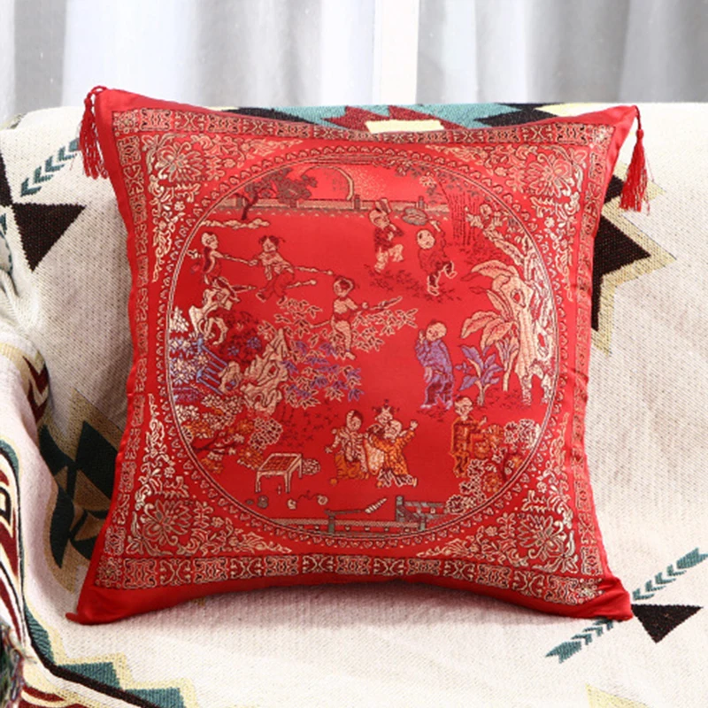 1pc Chinese Red Embroidery Throw Pillow New Year/Engaged/Wedding Gifts Sofa Bedding Brocade Pillows Tassel Decor Cushion Cover