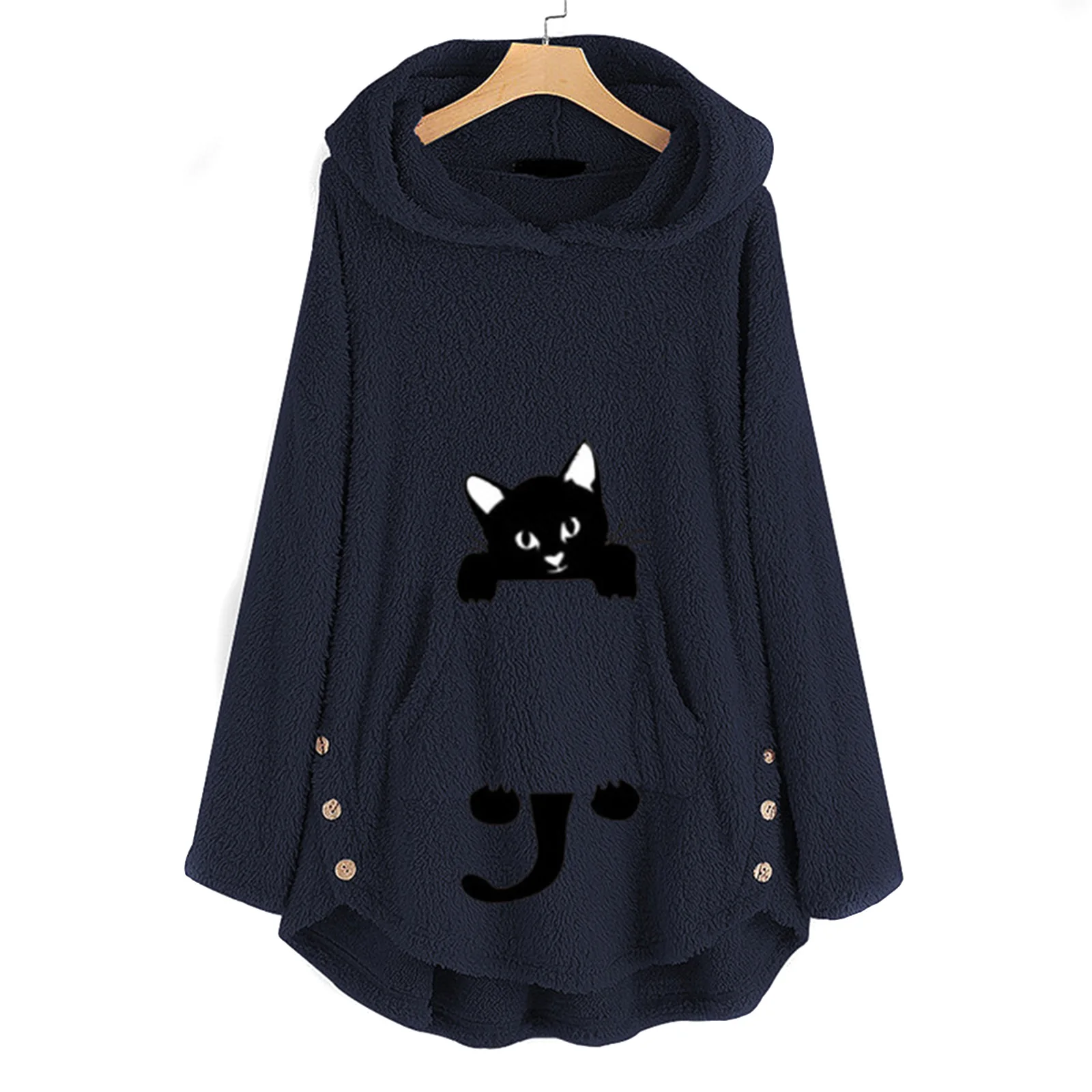 2024 Fashion Women Winter Warm Hooded Mid-Length Pullover Double-Sided Fleece Hoodie Cartoon Embroidered Pullover Sweatshirt