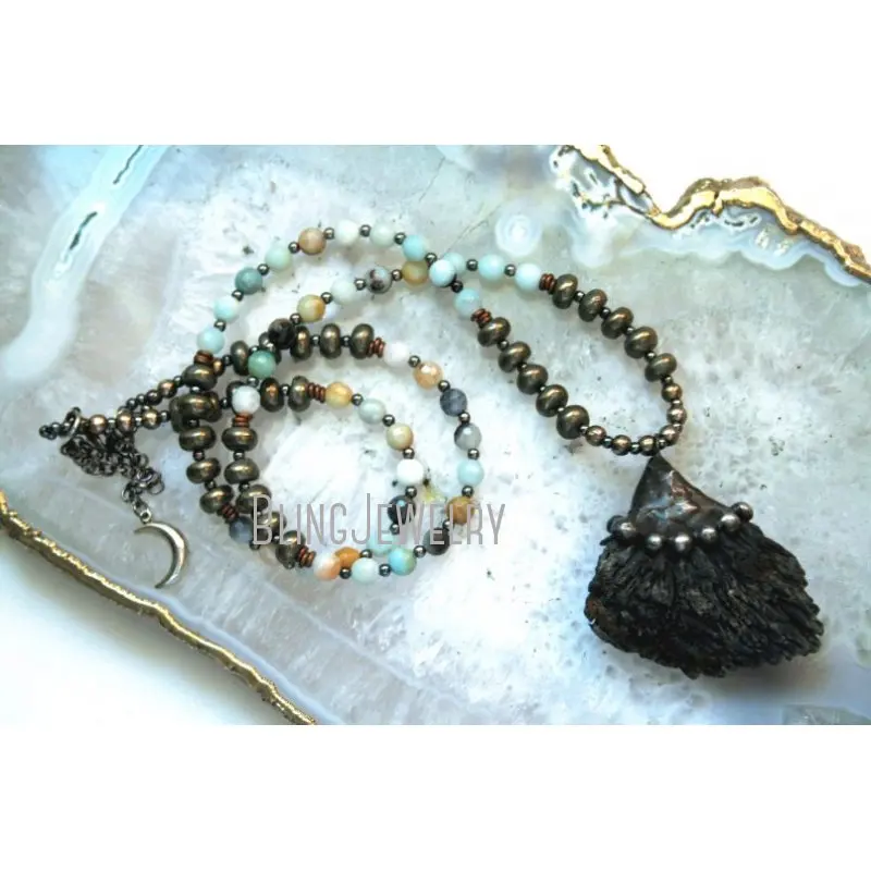 NM40514  Black Kyanite Amazonite And Pyrite Beaded Crystal Necklace  Fan   NecklaceHalloween Jewelry