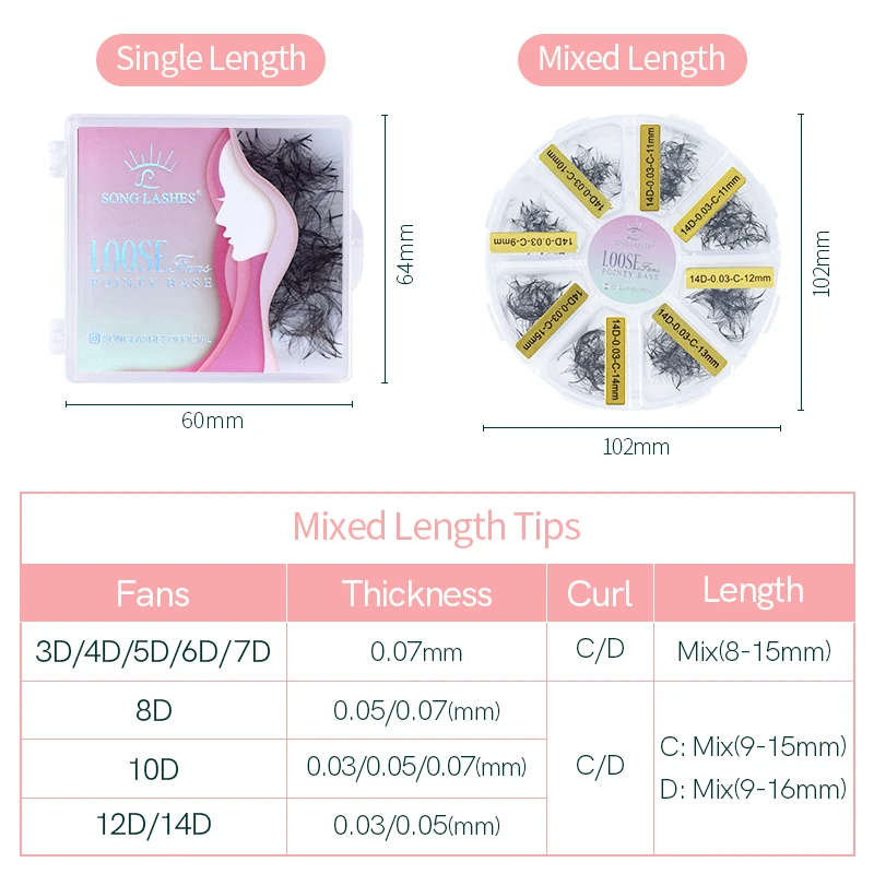 New SONG LASHES 6D Pointy Base Premade Fans Eyelash Extension Loose Medium Stem Sharp Thin