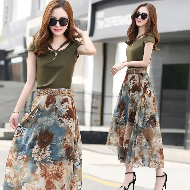 2023 Summer New Women Clothing Set T-shirt & Chiffon Skirt Two Pieces Suit Casual O-neck Short Sleeve Suit Oversize High Quality