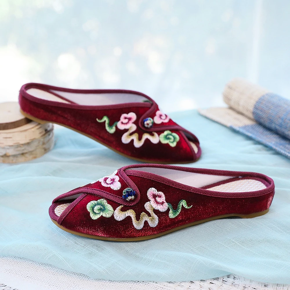 Veowalk Open Peep Toe Women Floral Embroidered Flannel Cotton Fabric Slides Slippers Vintage Ladies Casual Slip on Summer Shoes