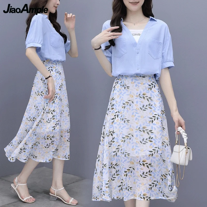 Women\'s 2 Pcs Clothing Set Summer 2024 Korean Girls Leisure Graceful Chiffon Skirts Shirts Suit Lady Beach Travel Blue Tops