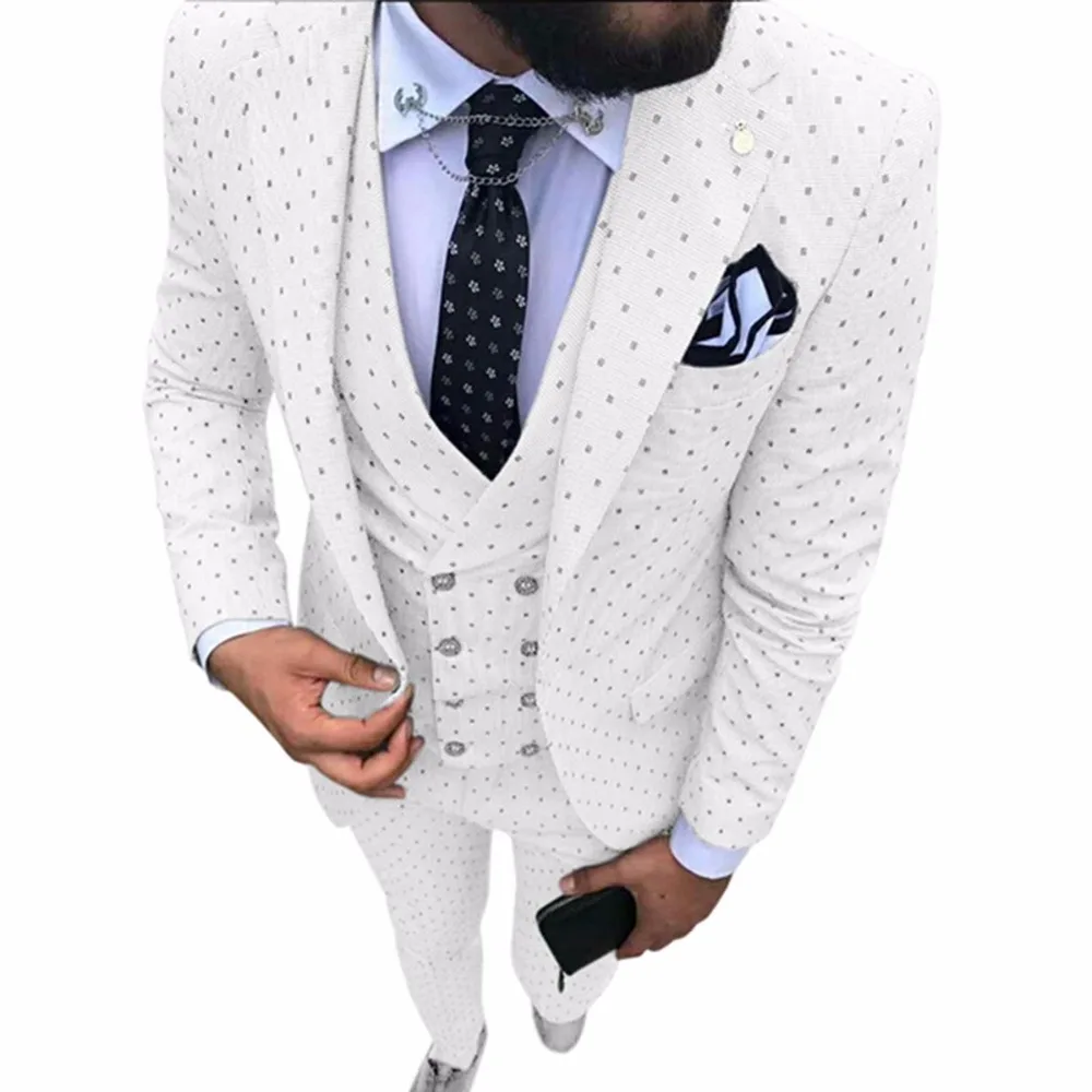 

(Blazer+Pants+Vest) White Dots Men Suit Slim Fit Wedding Wear Business Formal Groom Tuxedo Suit For Men Costume Mariage Homme