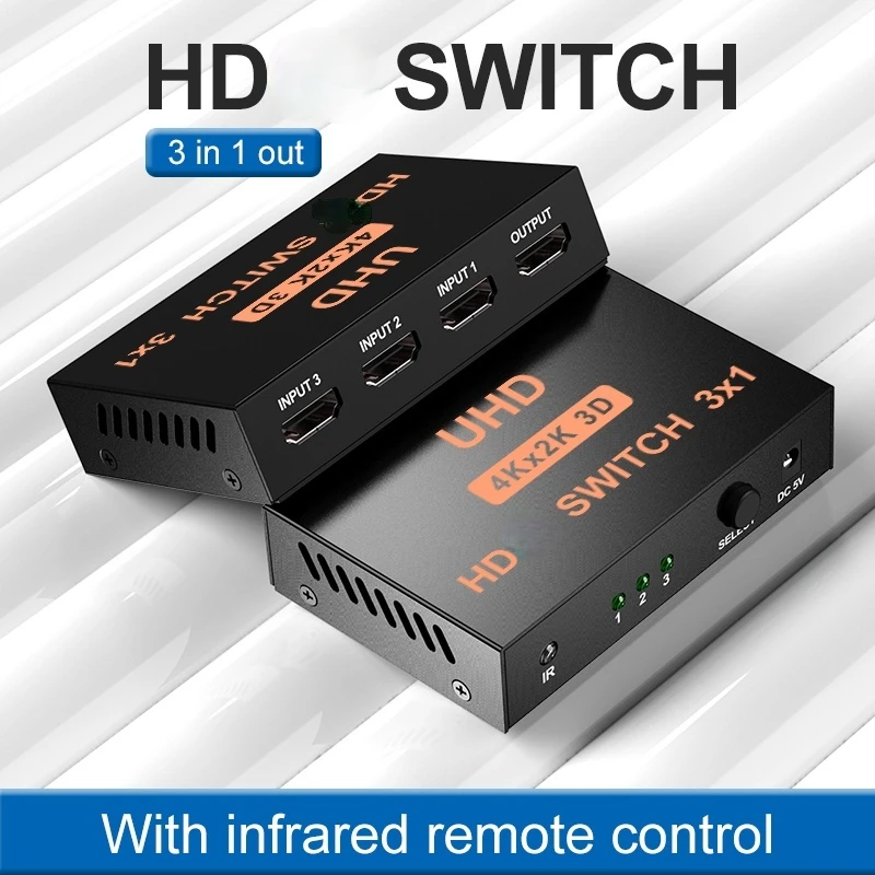 Switcher compatibile HDMI 3 In 1 Out scatola di ferro 4k con telecomando a infrarossi Video HD 3 In 1 Out distributore HD splitter HD