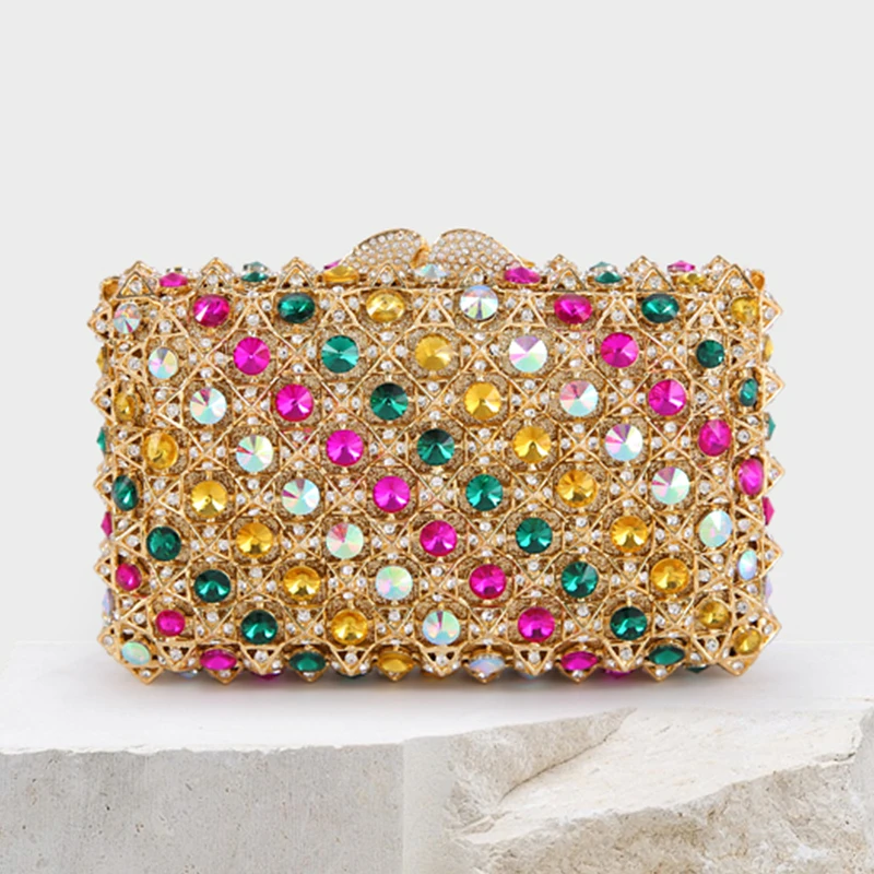 

Fuchsia/Green Coloful Rhinestones Crystal Wedding Bag Luxury High Quality Girls Evening Clutch Lady Metal Bridal Handbag Purse