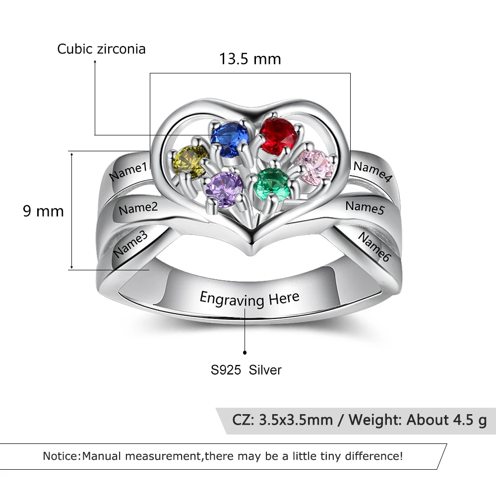 JewelOra 925 Sterling Silver Engraved Name Ring with 6 Birthstones Personalized Heart Mothers Rings Gifts for Grandmother