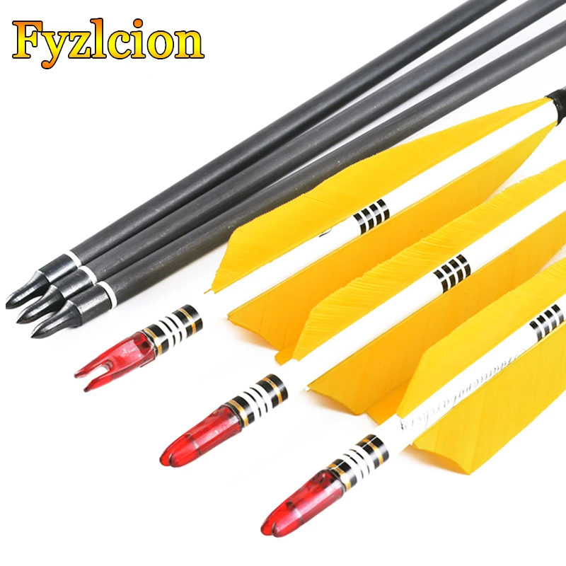 

Hunting Archery 12pcs/lot 80cm Length Crossbow Carbon Arrows OD 7.6mm Yellow Turkey feather for 20-50lbs Compound bow