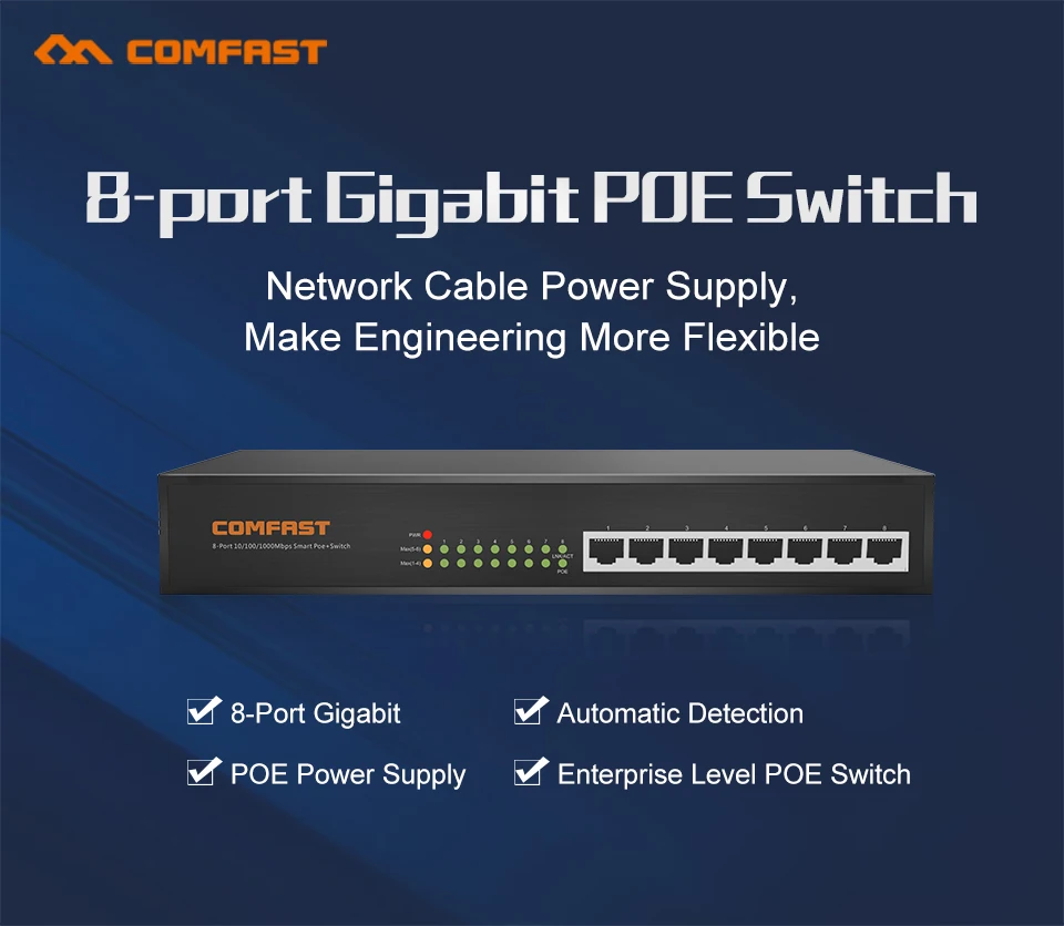 

Comfast 10 портов 100 м интеллигентая (ый) коммутатор POE switch, 8 портов 100 м POE + 2 порта 100 м uplink сетевой порт, мощность 150W CF-SG181P