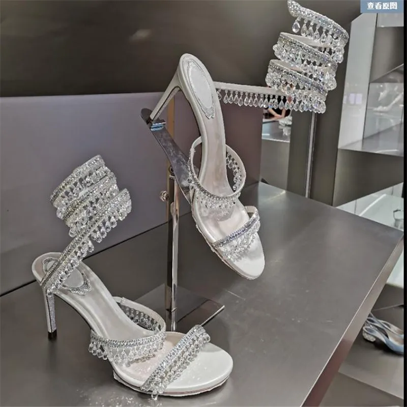 Sexy Pearl Studded Women Sandals Snake Shape Ankle Strappy High Heel Party Wedding Shoes Open Toe Narrow Band Runway Shoes Woman