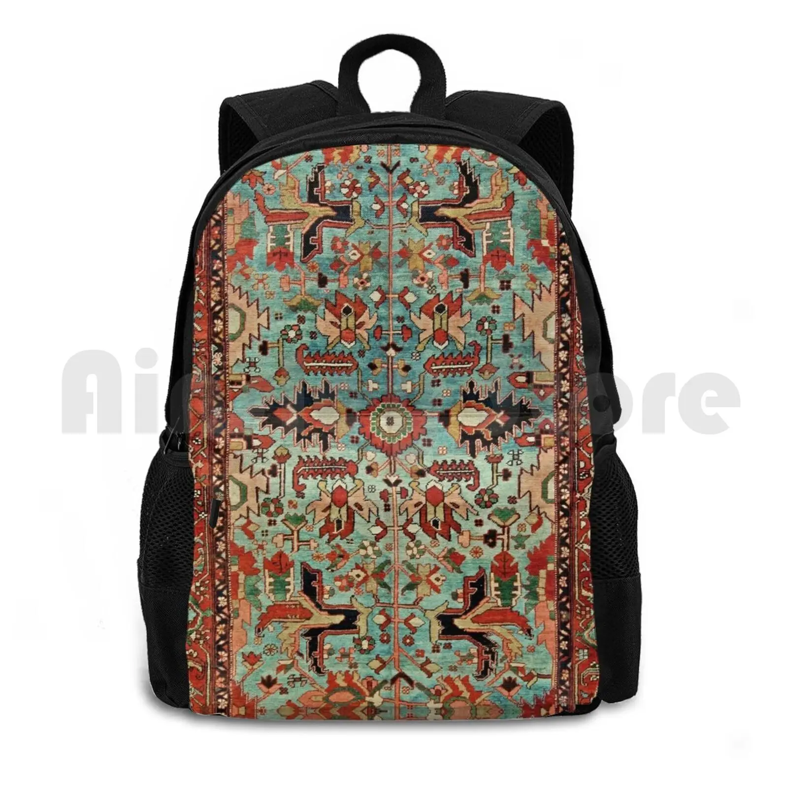 Antique Heriz Persian Carpet Print Outdoor Hiking Backpack Riding Climbing Sports Bag Vintage Vintage Rug Carpet Persian Heriz