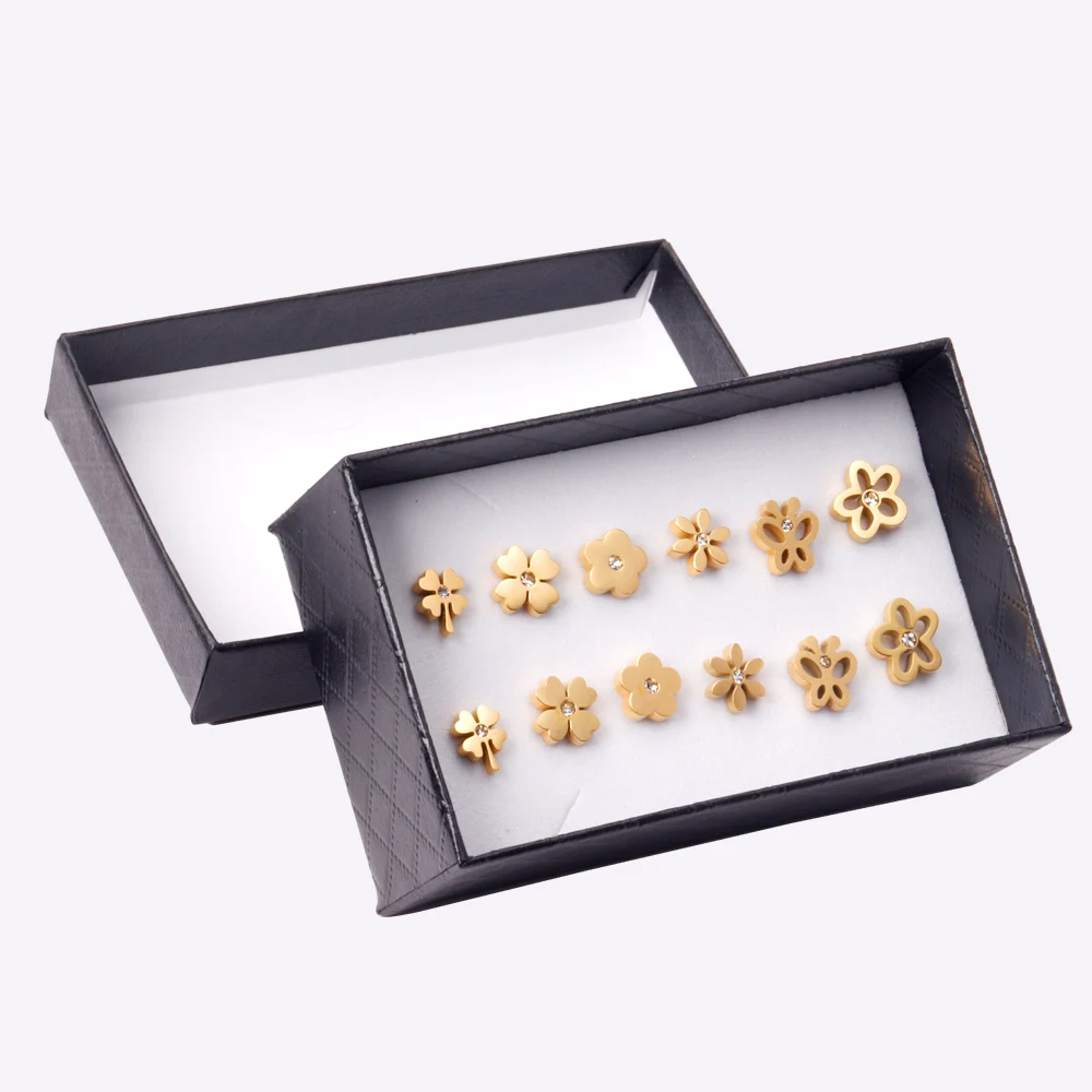 6Pair/Box Flowers Earrings Crystal Zircon Stainless Steel Anti-allergy Ear Studs Gold Silver Color for Women Daily Wear Jewelry