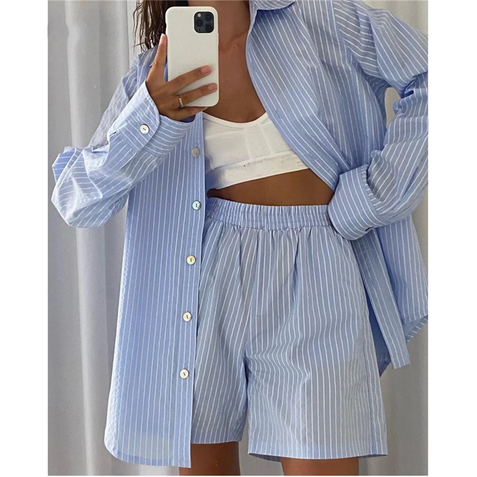 Gaono 2 Pcs Autumn Korean Chic Female Loose Striped Shirt Tops Suits Ourfit Casual Lapel Women Cotton Blouse Shirts + Short Pant