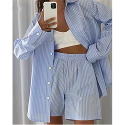 Gaono 2 Pcs Autumn Korean Chic Female Loose Striped Shirt Tops Suits Ourfit Casual Lapel Women Cotton Blouse Shirts + Short Pant