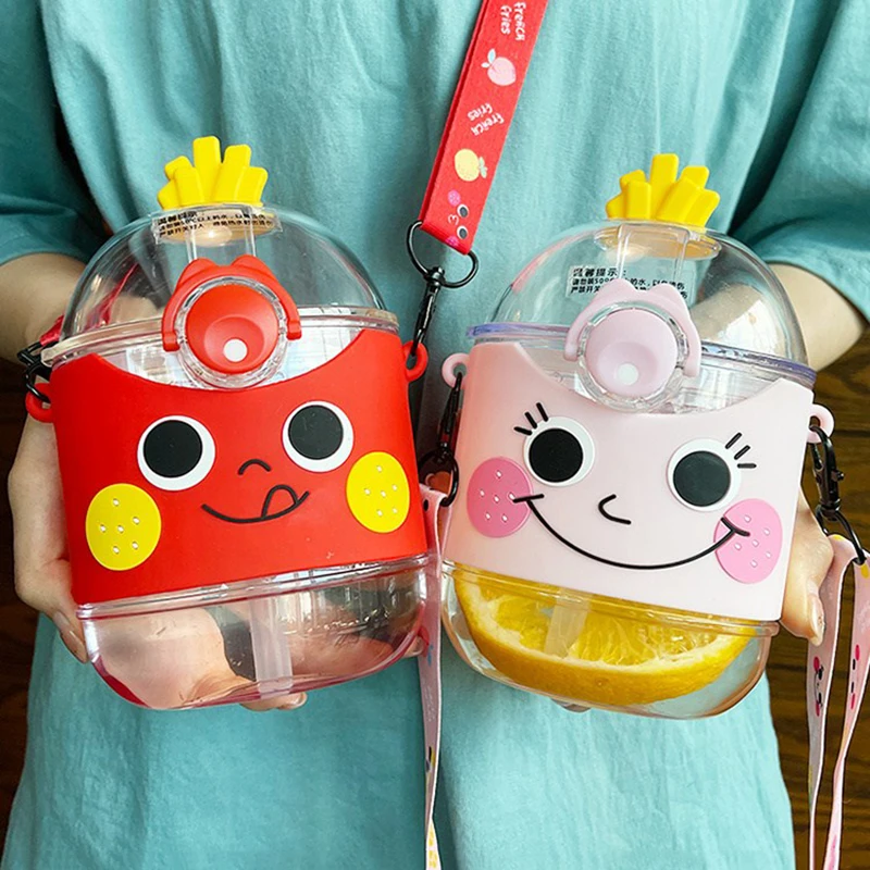 

Summer Cute French Fries Water Bottle With Straw Transparent Square Plastic Water Bottles for Kids Portable School Drinking Cup