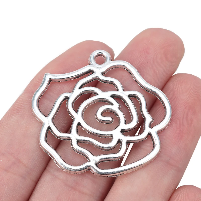 10 x Tibetan Silver Hollow Open Rose Flower Charms Pendants for DIY Necklace Jewelry Making Findings Accessories 40x37mm