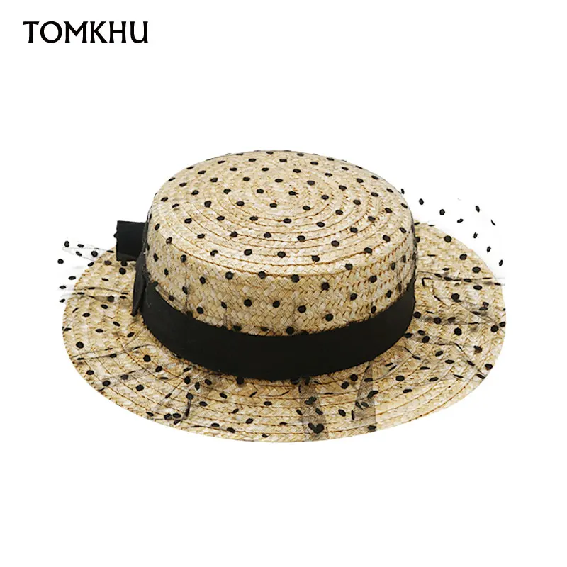 Women's Sun Hats Wide Brim Summer Korean Lace Mesh Yarn Wave Point Bow Flat Fashion Straw Hat Sun Protection Chapeu Feminino Cap