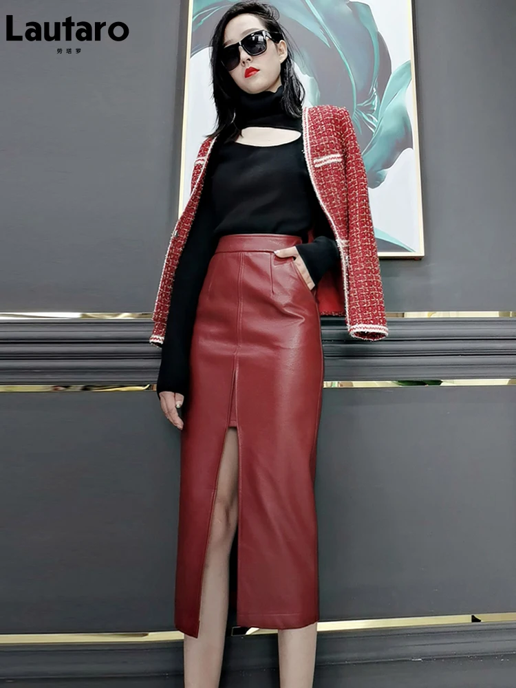 Lautaro Long Soft Faux leather pencil skirt women with front slit pockets High waisted midi skirts for women wine red skirt