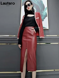 Lautaro Long Soft Faux leather pencil skirt women with front slit pockets High waisted midi skirts for women wine red skirt