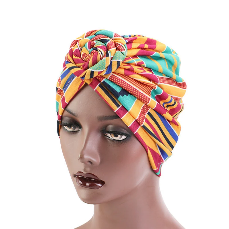 Afrikanische Druck Turban Hut für Frauen Scrunchies Knoten Headwrap Stretch Bandanas Party Headwear Damen Kopftuch Haar Zubehör – Detail 5
