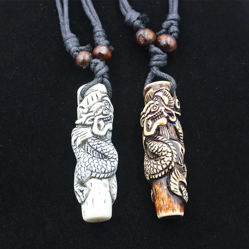 Simulation Bone Carving Totem Dragon Pendant Boy Men's Ethnic Wood Beads Necklace Amulet Lucky Gift MN112