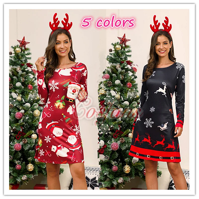 Christmas Dress Snowman Snow Reindeer Long Sleeve Christmas Party A-Line Mini Dress wholesale women Christmas clothes free ship