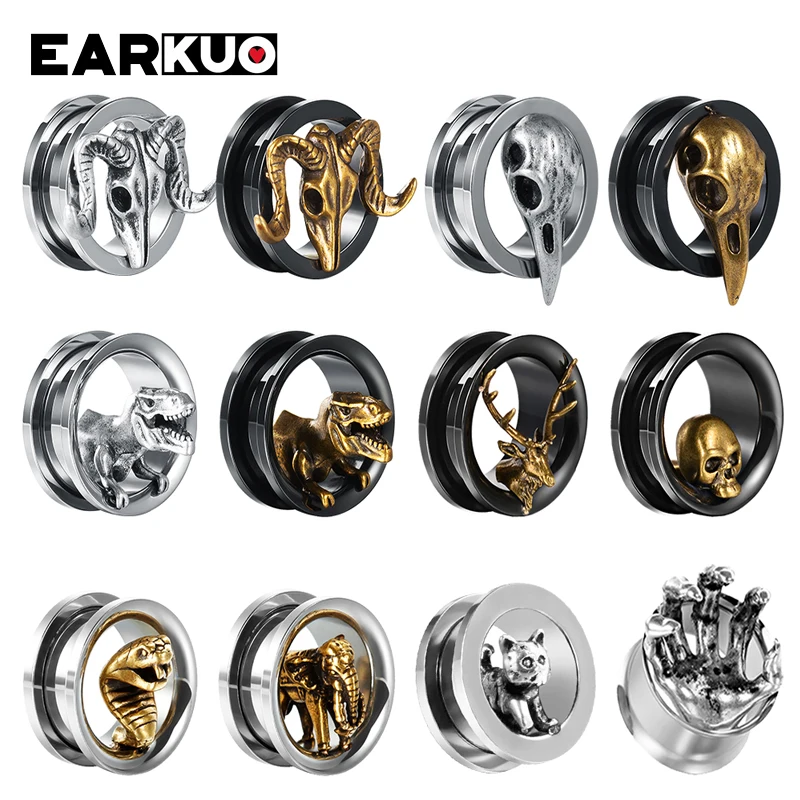 EARKUO Fashion Hot Product Stainless Steel Animal Design Ear Tunnels Plugs Body Piercing Jewelry Screw Ear Expanders Gauges 2PCS