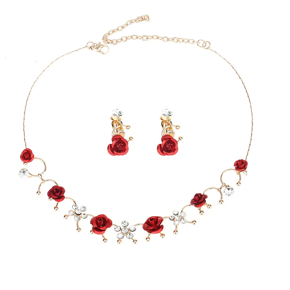 3pcs/set Elegant 1 Pair Ear Clip+1 Necklace Red Flower Casual Dress Accessory Women Fashion Alloy Ear Clip Neckless Jewelry Set