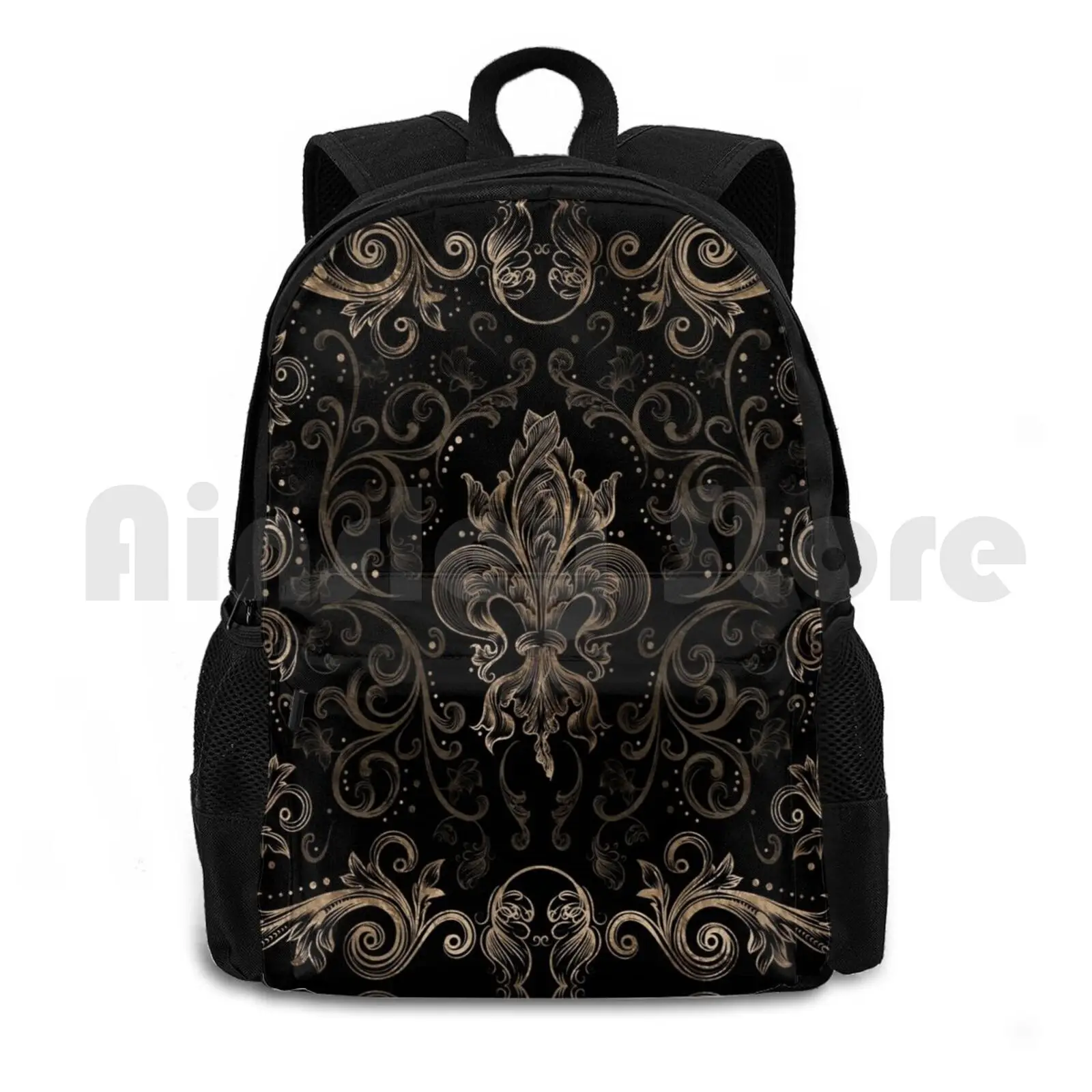 

Fleur-De-Lis Ornament Black And Gold Outdoor Hiking Backpack Riding Climbing Sports Bag Fleur De Lis Fleur De Lys Lily Lily