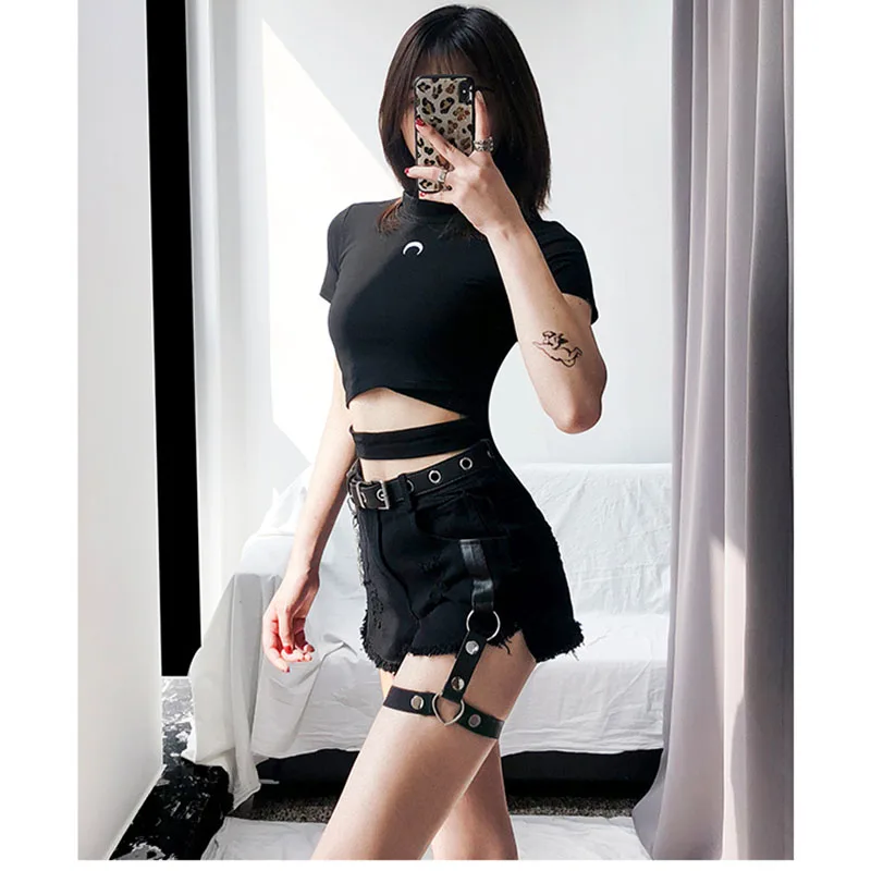 Summer Hot Denim Shorts for Women Sexy Rivet Ring Harness Band Casual  Jeans Shorts High Waist Worn-out Hole Black Shorts Lady