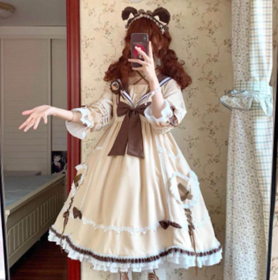 

kawaii Japanese girl sweet lolita dress vintage lace bowknot sailor collar high waist victorian dress loli cos gothic lolita op