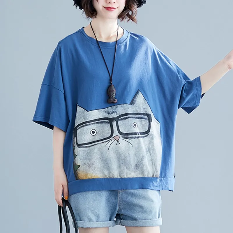 Women Cotton Casual T-shirts New Arrival 2021 Summer Korean Style O-neck Cartoon Print Loose Female Tops Tees B1149