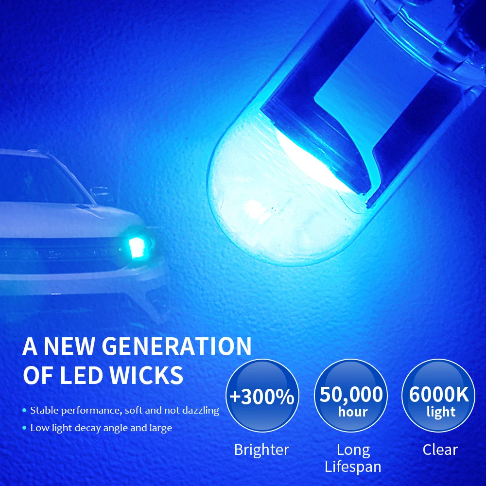 10pcs/Pack W5W 194 T10 Glass Housing Cob LED Car bulb 3000K 6000K White Blue Red Wedge License Plate Lamp Dome Light