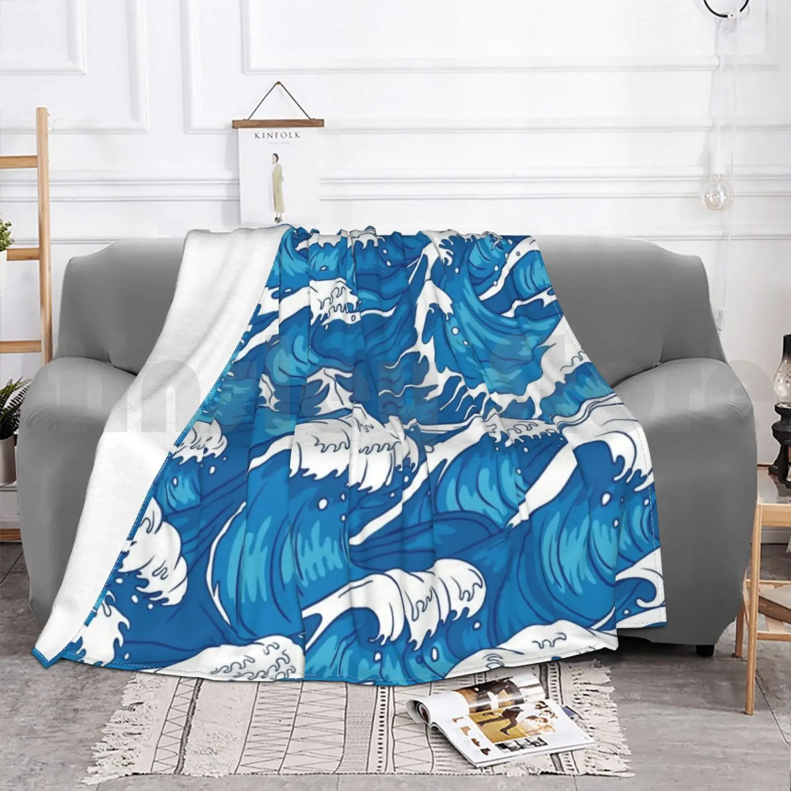 Koc z motywem fal błękitnego oceanu na sofę, łóżko, podróże, błękitny ocean, fale błękitnego oceanu, kolor, kolorowe fale, faliste, fale