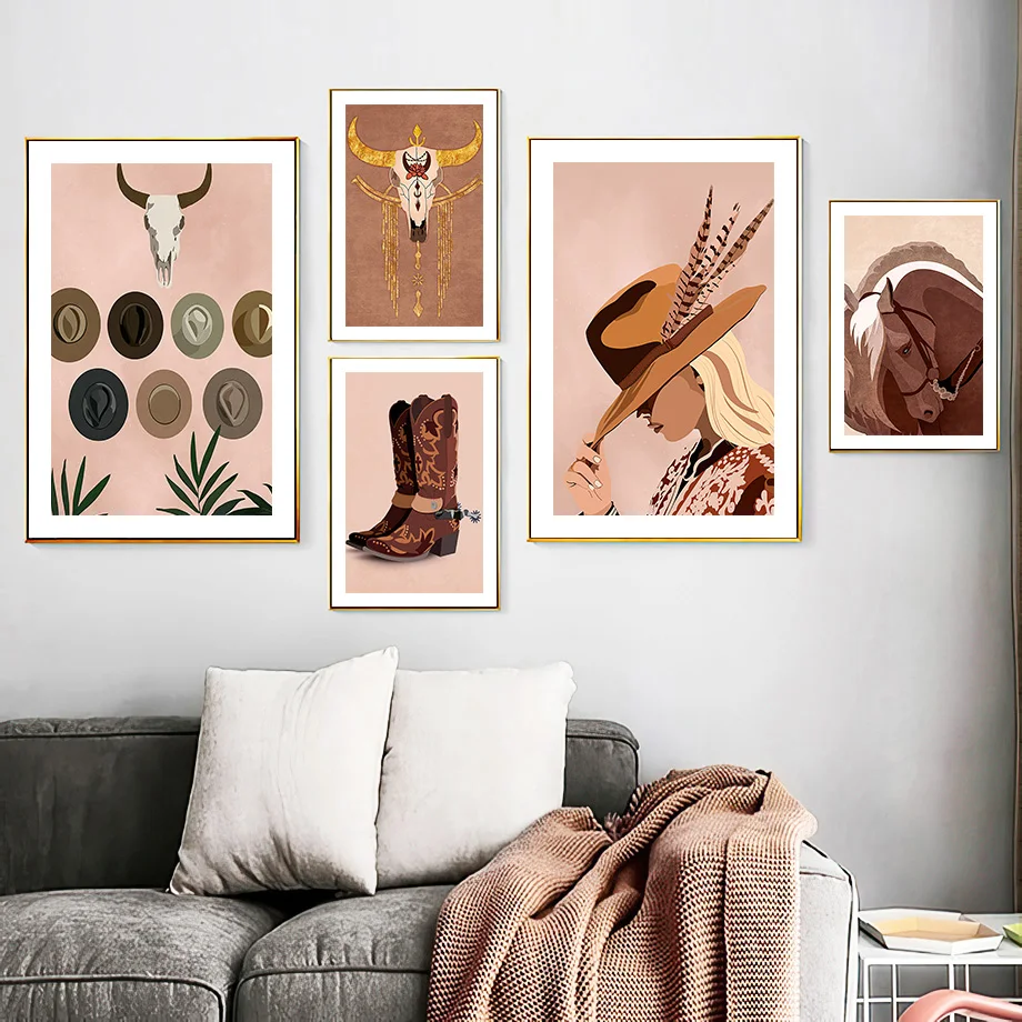 Western Cowboy Girl Horse Feather obraz ścienny na płótnie Nordic plakaty i druki zdjęcia do salonu Boho Home Decor