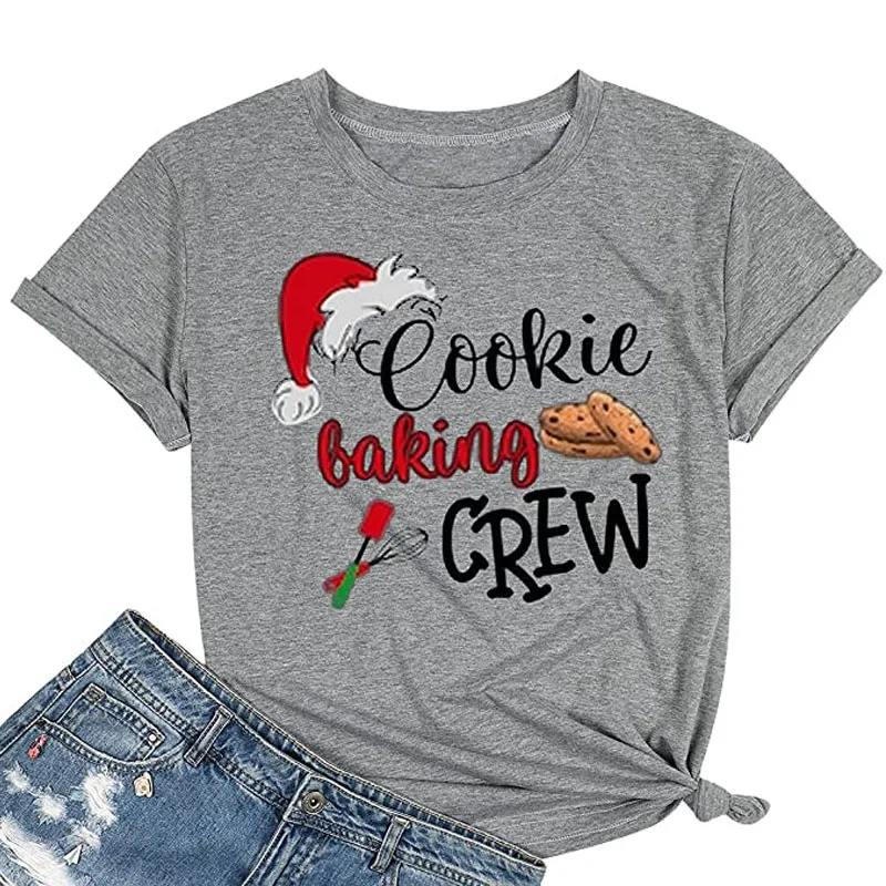 Cute Graphic Chritmas T Shirt for Women Cookie Believe Letter Print Tee Casual Crew Short Sleeve Tops Funny Gift T-Shirts