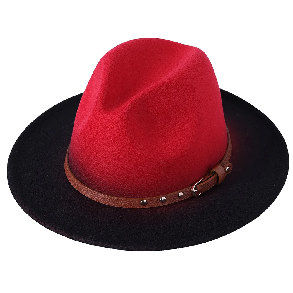 Autumn winter two-tone fedora hat women\'s belt chain jazz top hat wide brim straight edge wool felt hat men\'s warm Panama hat