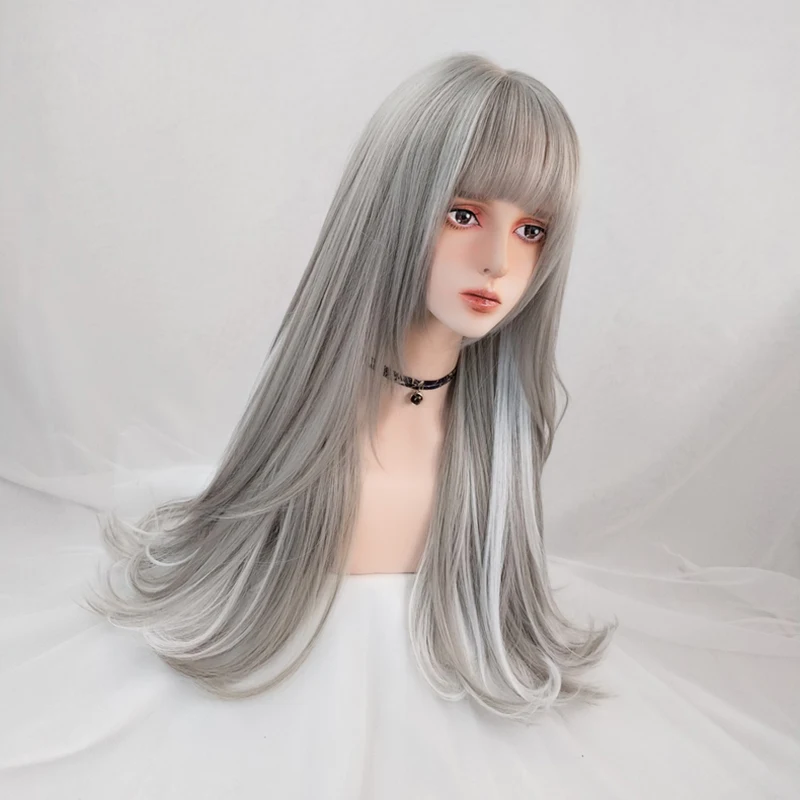 GAKA Long Synthetic Hair Gray Highlighting Hanging Ear Dyeing Micro-Volume Curly Wigs