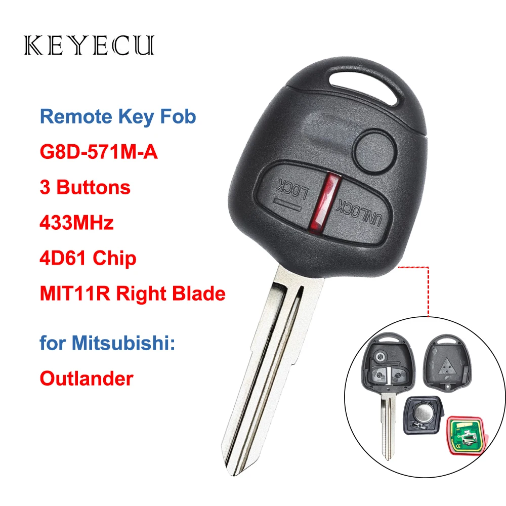 

Keyecu Remote Key Fob 3 Button 433MHz 4D61 Chip for Mitsubishi Outlander 2008 2009 2010 2011 2012 MIT11R Right Blade G8D-571M-A