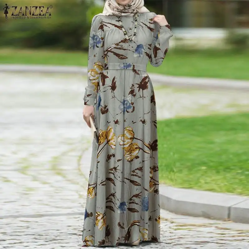 Zanzea-vestido feminino longo, estampado floral, longo, boêmio, casual, moda primavera, estampa abaya marrocos