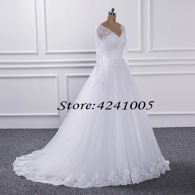 레이스 A 라인 V 넥 웨딩 드레스 2020 빈티지 신부 가운 등이없는 긴 소매 비즈 신부 드레스 Vestido De Novias 패션