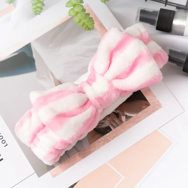 Women Stripes Pattern Soft Skin Care Single PP Bag Packing Coral Fleece Sports Shower Make Up Facial Bow Knot Velvet Headbands