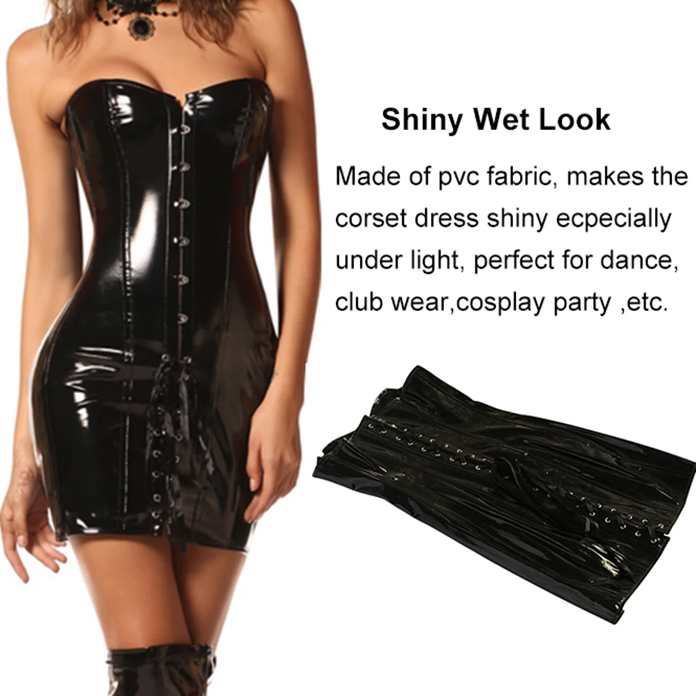 Lace Up Faux Leather Corset Dress Wetlook PVC Steampunk Gothic Strapless Bustier Dress Vintage Club Halloween Party Corselet