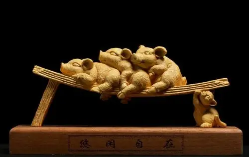 D073ca - 20*9.5*6 CM Carved Boxwood Carving Figurine Home Decor : Lovely Pigs