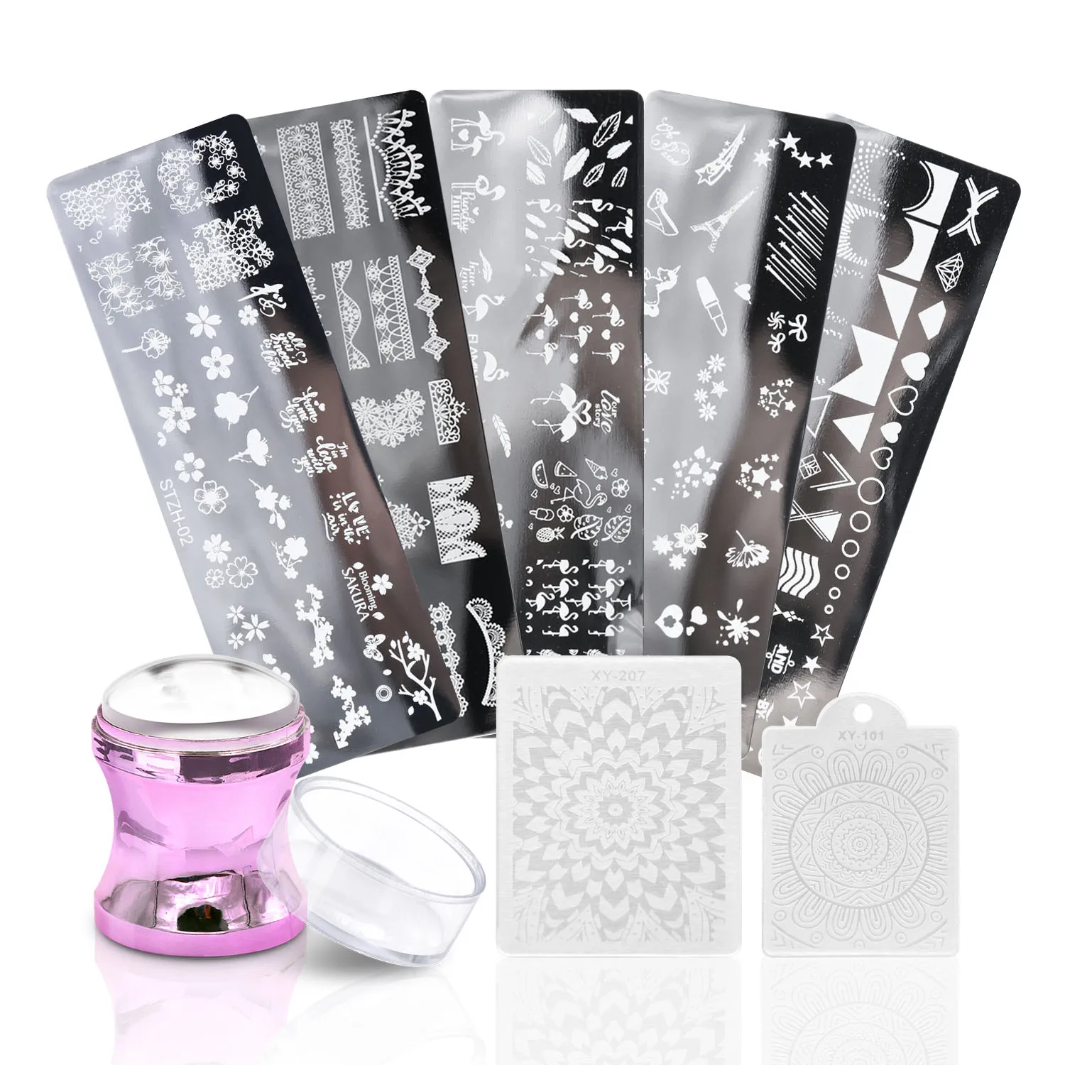 

Pinkiou Jelly Stamper Kit Silicone Nail Stamper Stamping Nail Art Stamp Nail Polish Nail Models Stamper Plate with 7 Templates